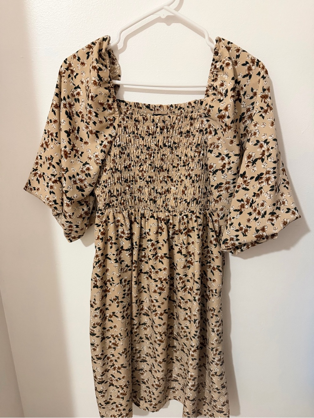 Mikarose Beige Floral Smocked Midi Dress